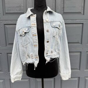 Women's White Wash Distressed Cropped Jean‎ Jacket Size Medium!